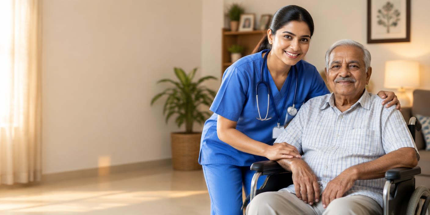 Healthcare professional supporting an older person at home